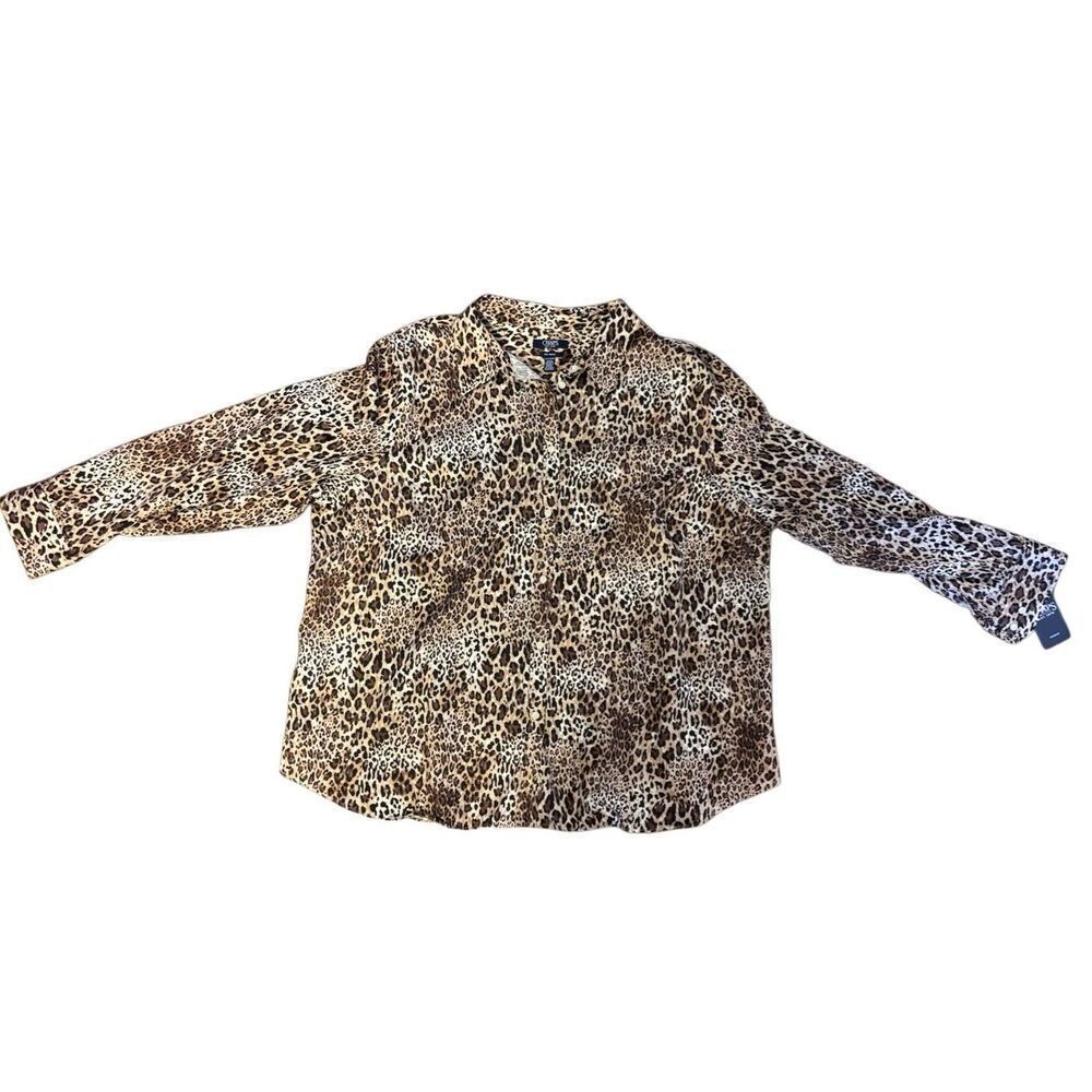 Chaps 2X cheetah leopard print blouse wrinkle free button down